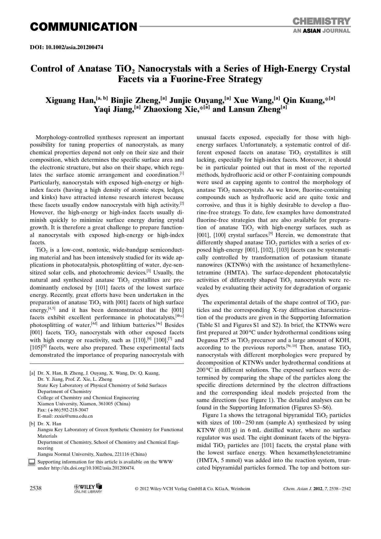 Control of Anatase TiO2 Nanocrystals with a Series of HighEnergy Crystal Facets via a FuorineFree Strategy by Unknown