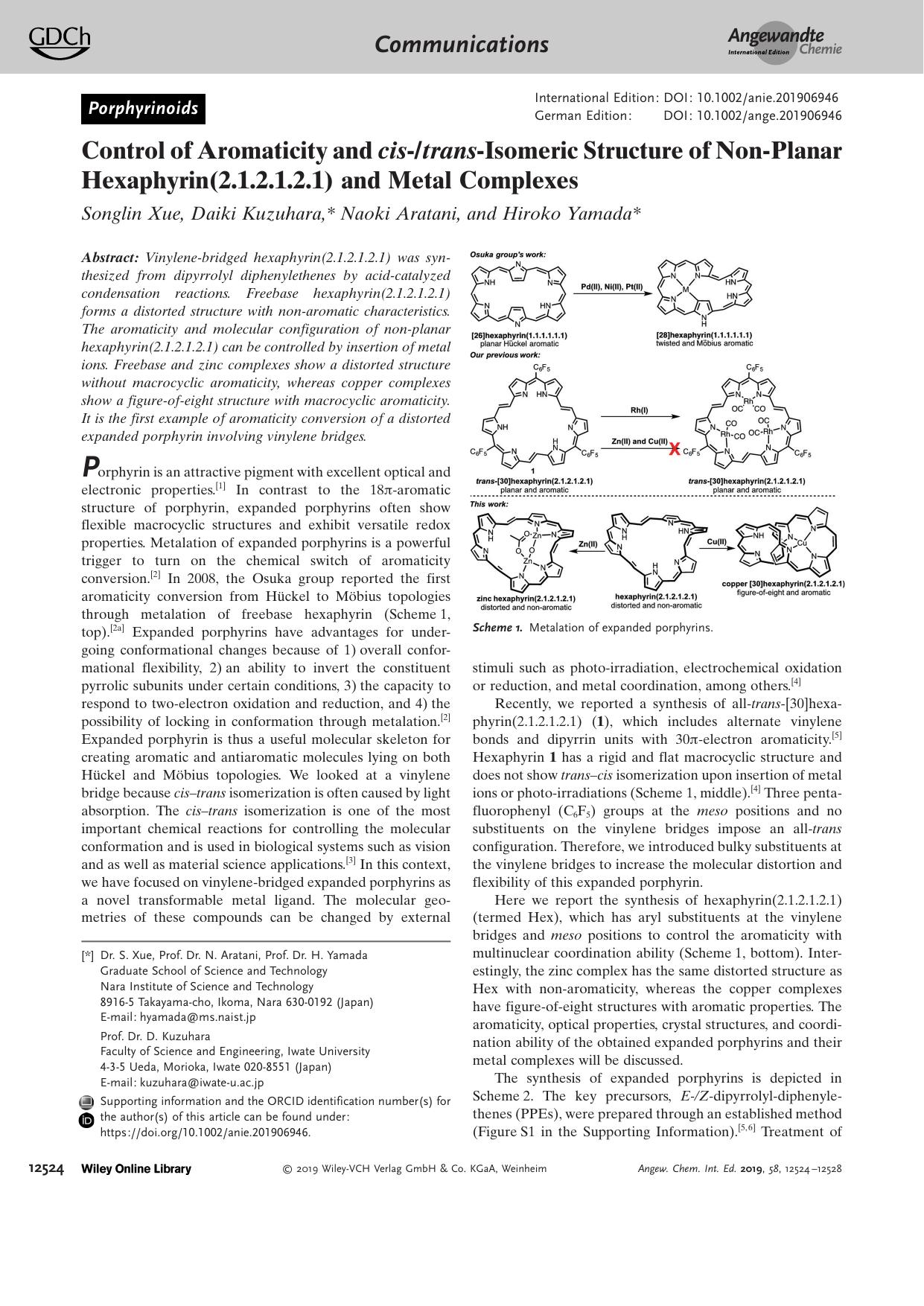 Control of Aromaticity and cisâtransâIsomeric Structure of NonâPlanar Hexaphyrin(2.1.2.1.2.1) and Metal Complexes by Unknown