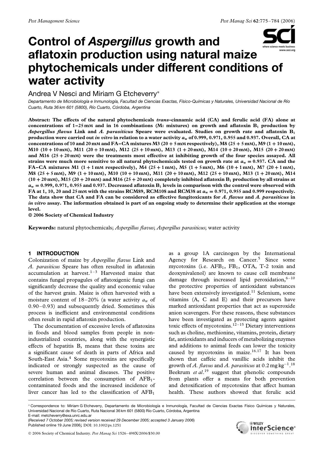 Control of Aspergillus growth and aflatoxin production using natural maize phytochemicals under different conditions of water activity by Unknown