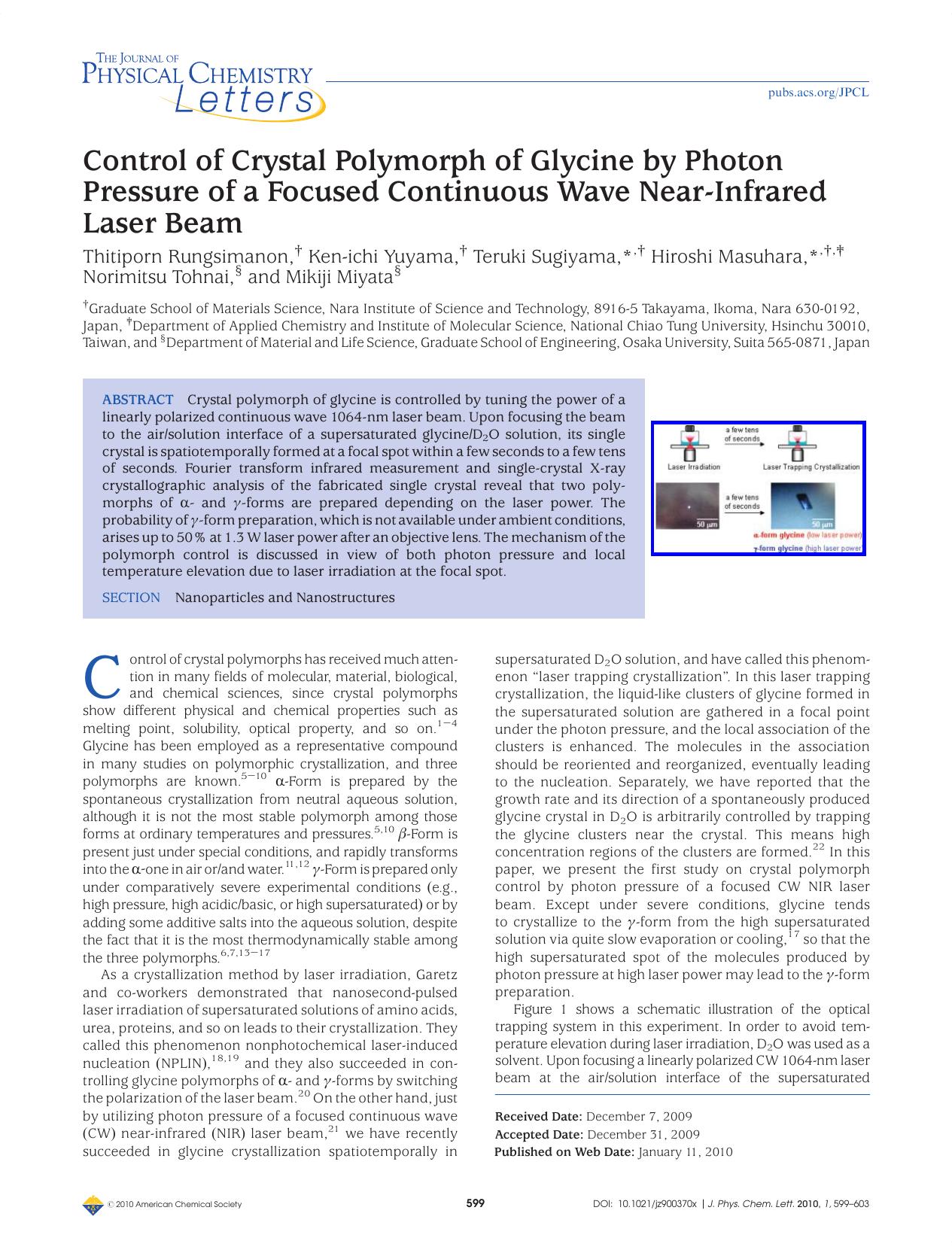 Control of Crystal Polymorph of Glycine by Photon Pressure of a Focused Continuous Wave Near-Infrared Laser Beam by Unknown