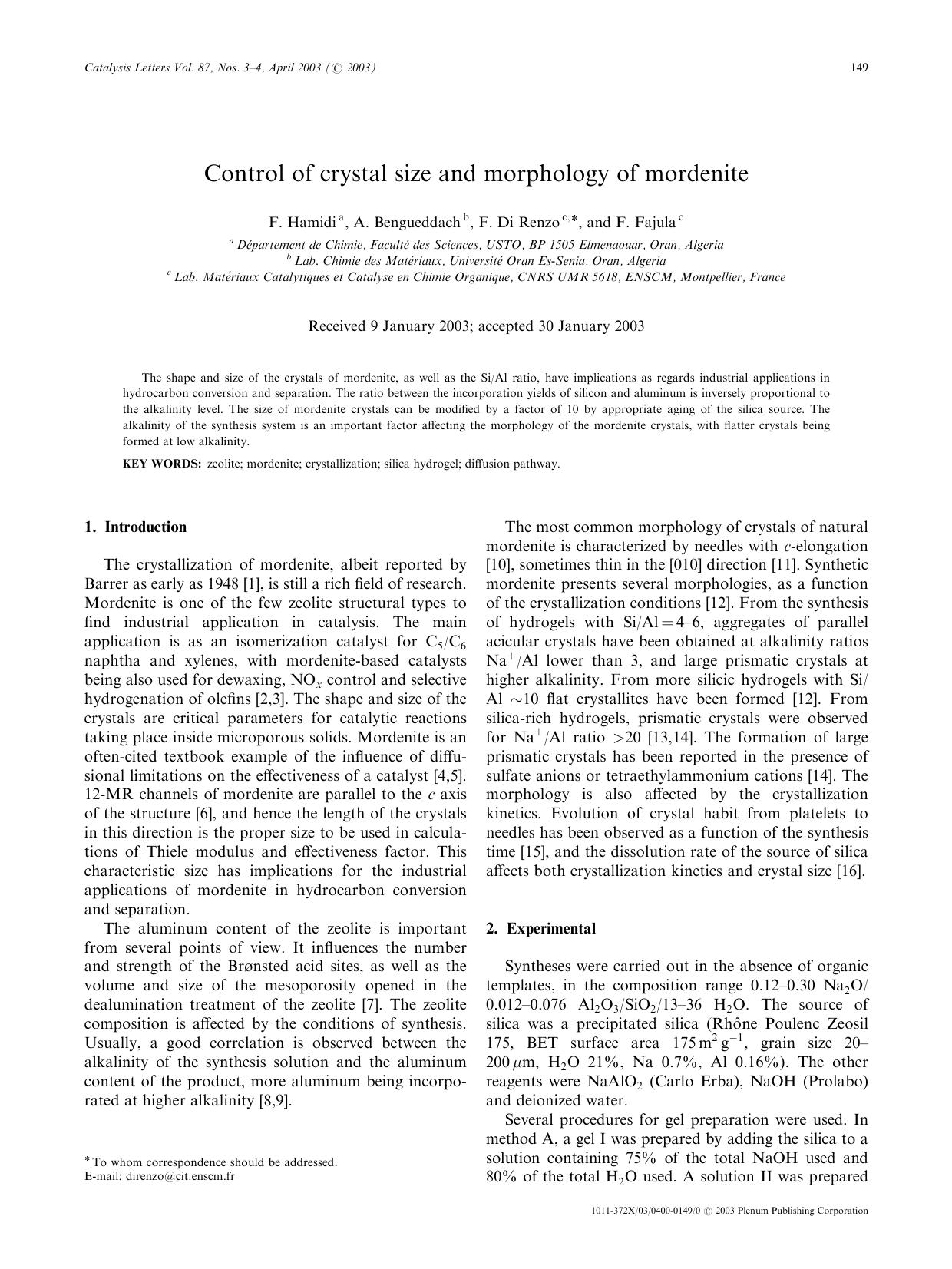 Control of Crystal Size and Morphology of Mordenite by Unknown