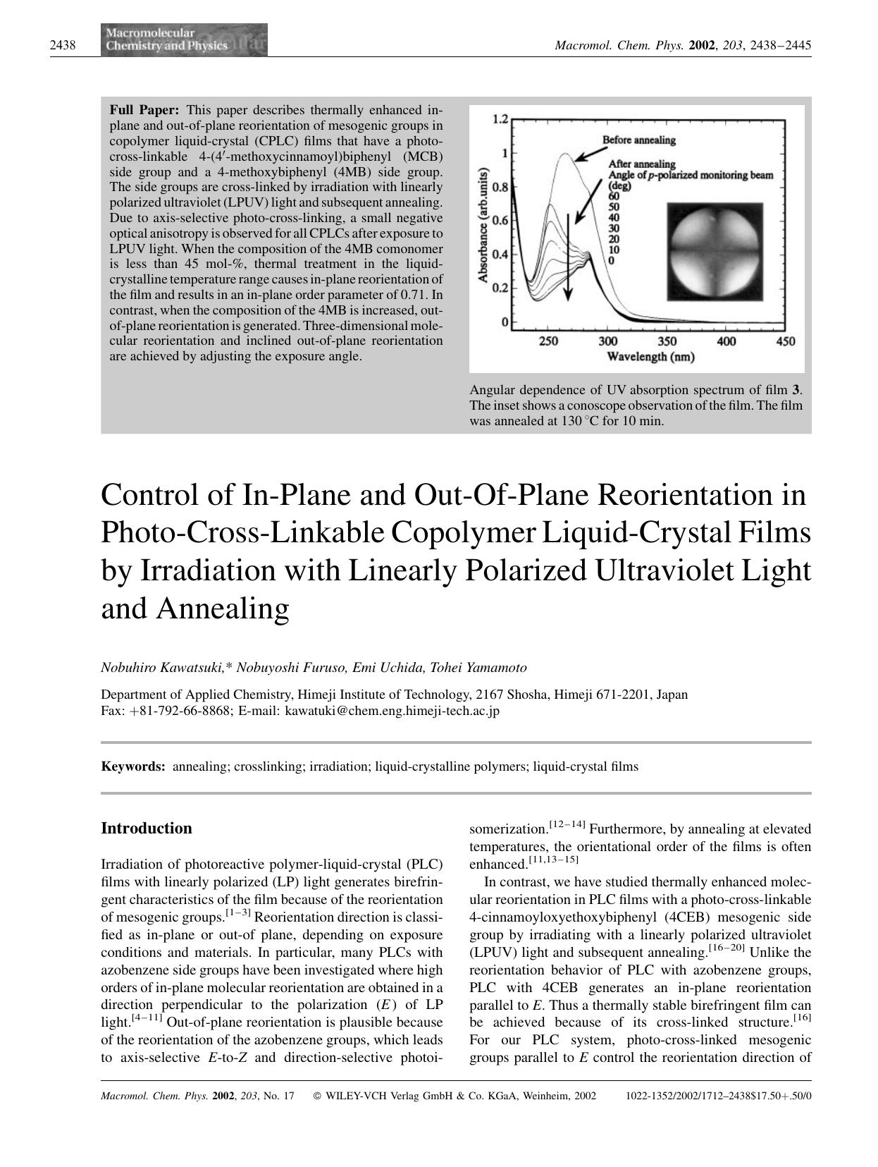 Control of In-Plane and Out-Of-Plane Reorientation in Photo-Cross-Linkable Copolymer Liquid-Crystal Films by Irradiation with Linearly Polarized Ultraviolet Light and Annealing by Unknown