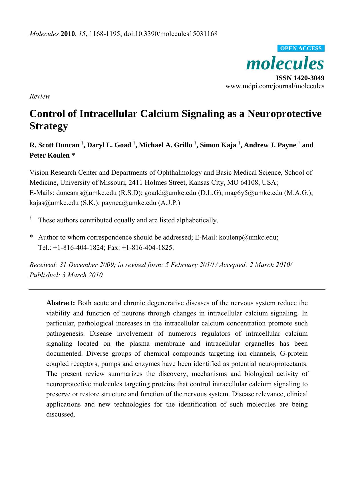 Control of Intracellular Calcium Signaling as a Neuroprotective Strategy by R. Scott Duncan & Daryl L. Goad & Michael A. Grillo & Simon Kaja & Andrew J. Payne & Peter Koulen