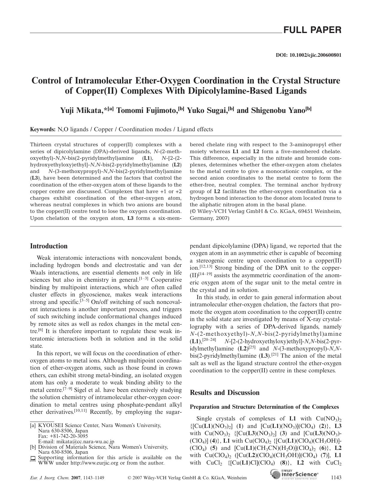Control of Intramolecular Ether-Oxygen Coordination in the Crystal Structure of Copper(II) Complexes With Dipicolylamine-Based Ligands by Unknown