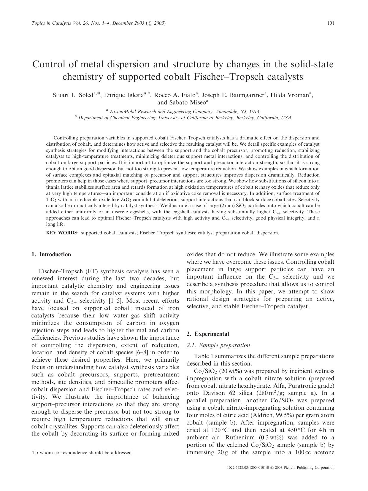Control of Metal Dispersion and Structure by Changes in the Solid-State Chemistry of Supported Cobalt Fischer&#x2013;Tropsch Catalysts by Unknown