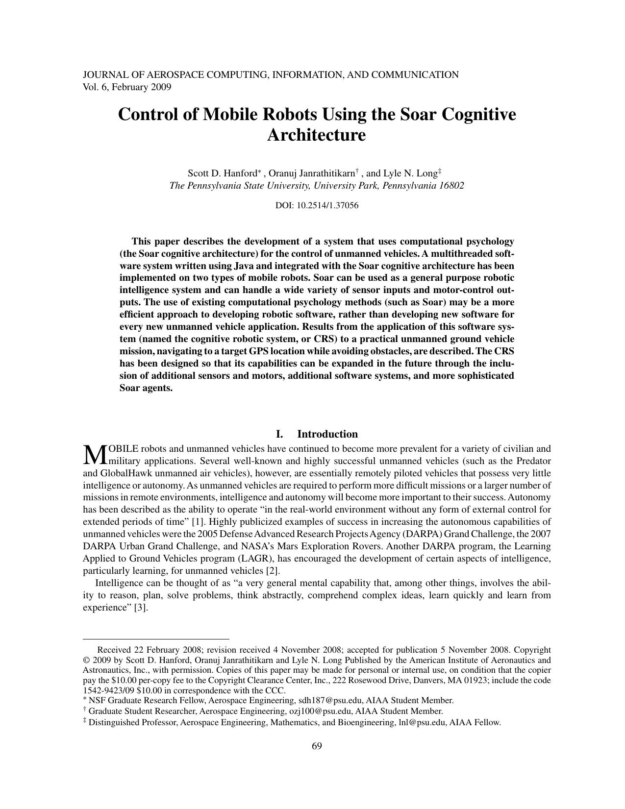 Control of Mobile Robots Using the Soar Cognitive Architecture by Unknown