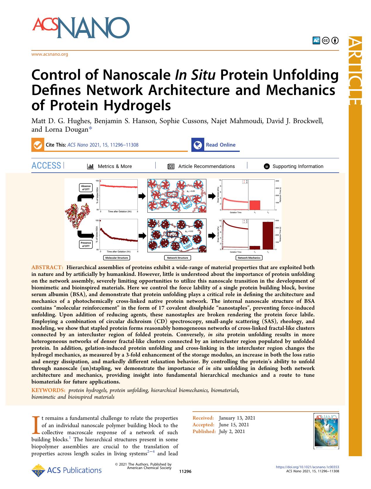 Control of Nanoscale In Situ Protein Unfolding Defines Network Architecture and Mechanics of Protein Hydrogels by unknow