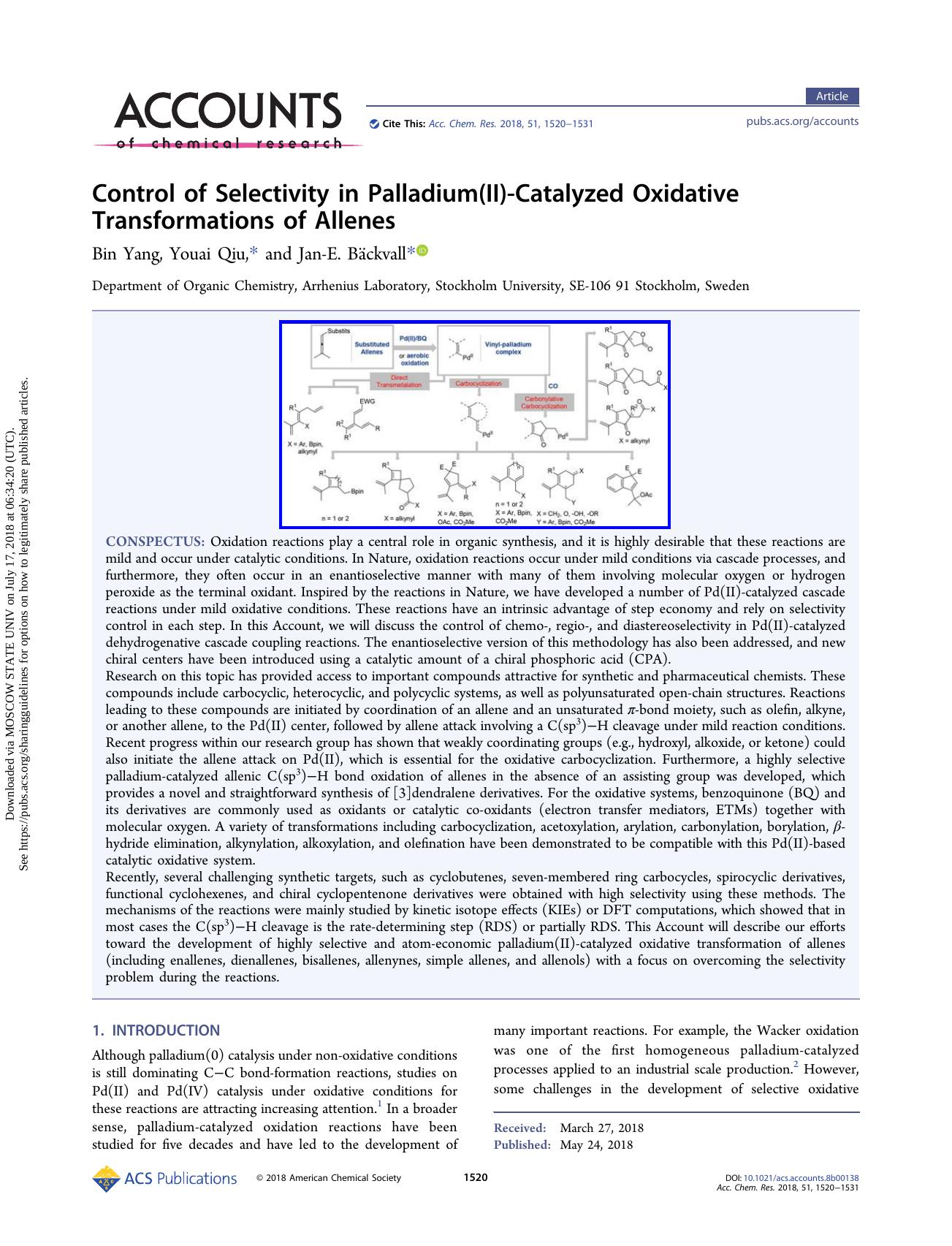 Control of Selectivity in Palladium(II)-Catalyzed Oxidative Transformations of Allenes by Bin Yang & Youai Qiu & Jan-E. Bäckvall
