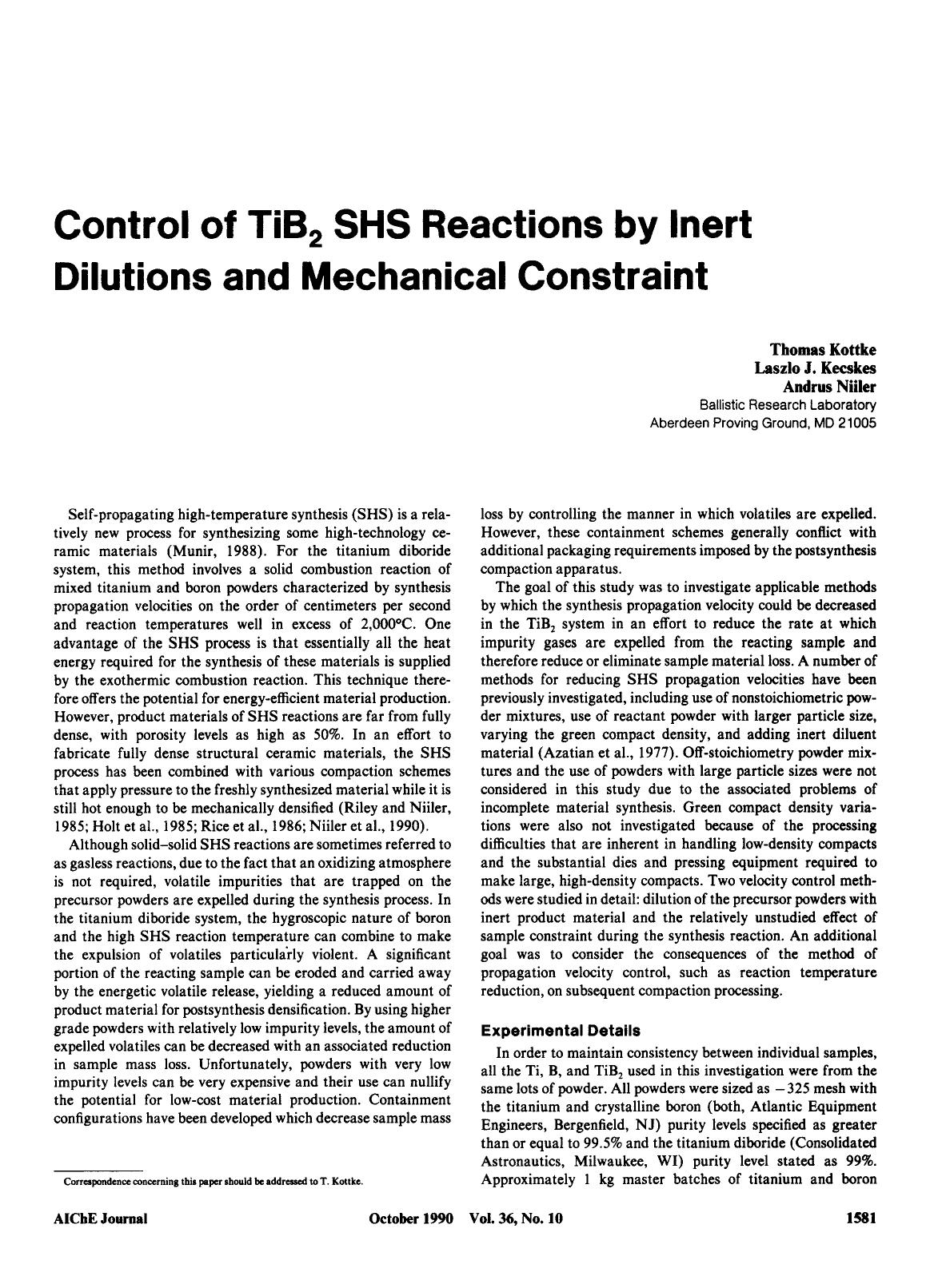 Control of TiB2 SHS reactions by inert dilutions and mechanical constraint by Unknown
