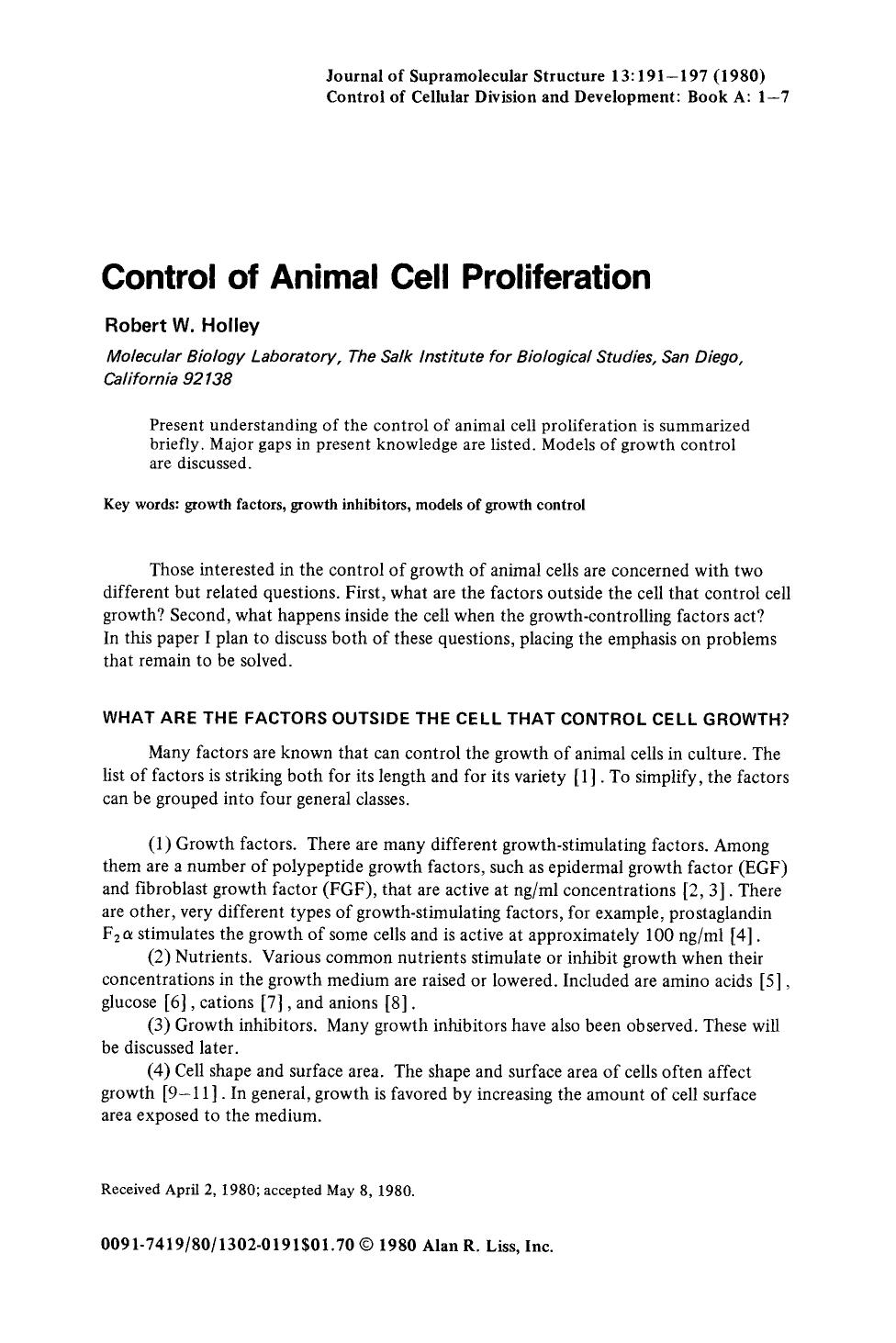 Control of animal cell proliferation by Unknown