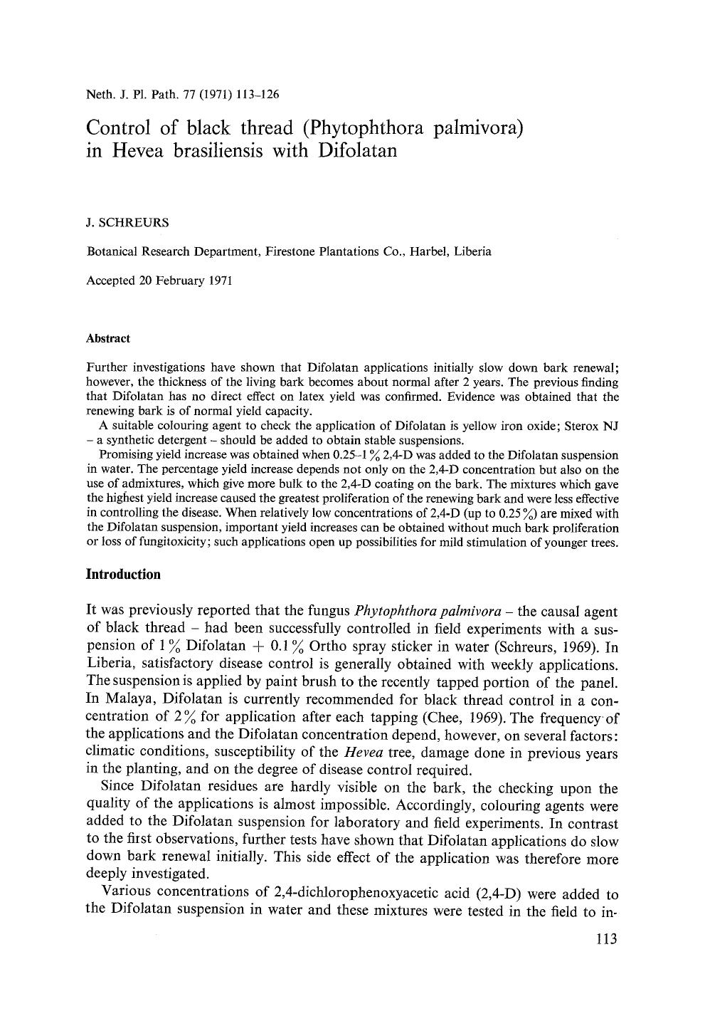 Control of black thread (Phytophthora palmivora) in hevea brasiliensis with Difolatan by Unknown