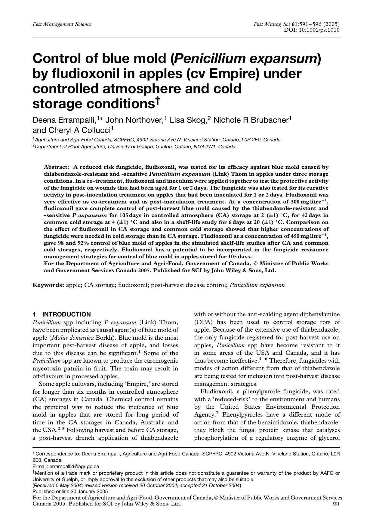 Control of blue mold (Penicillium expansum) by fludioxonil in apples (cv Empire) under controlled atmosphere and cold storage conditions by Unknown