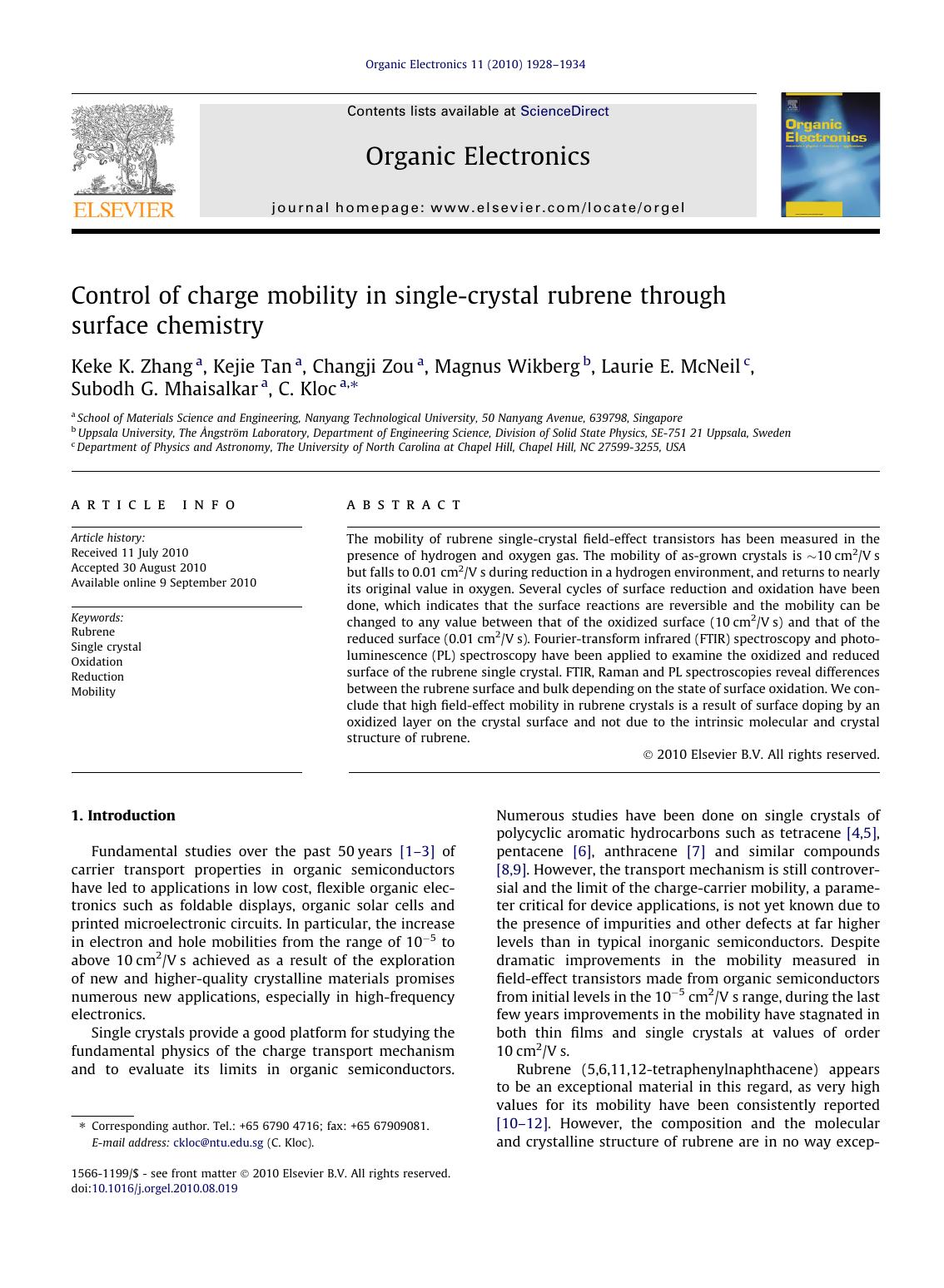 Control of charge mobility in single-crystal rubrene through surface chemistry by unknow