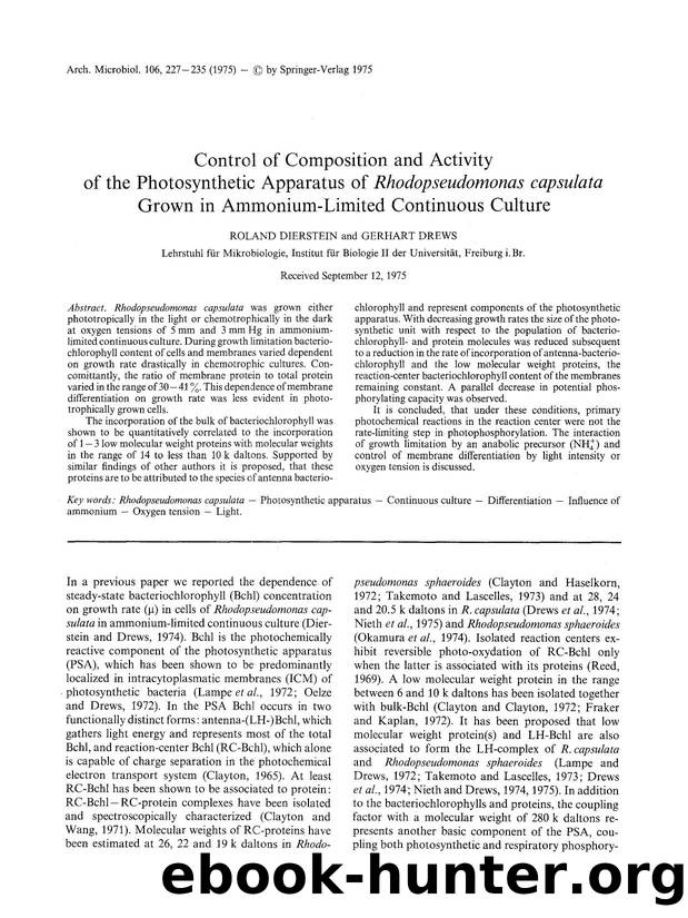 Control of composition and activity of the photosynthetic apparatus of <Emphasis Type="Italic">Rhodopseudomonas capsulata<Emphasis> grown in ammonium-limited continuous culture by Unknown