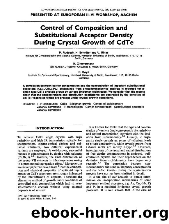 Control of composition and substitutional acceptor density during crystal growth of CdTe by Unknown