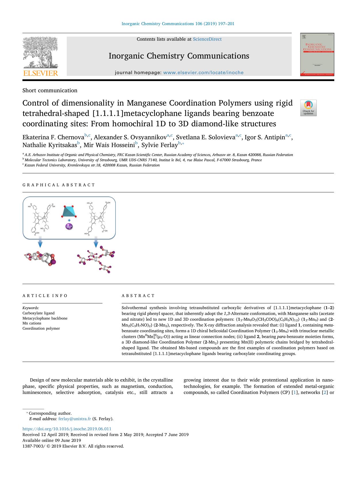 Control of dimensionality in Manganese Coordination Polymers using rigid tetrahedral-shaped [1.1.1.1]metacyclophane ligands bearing benzoate coordinating sites_ From homochiral 1D by unknow