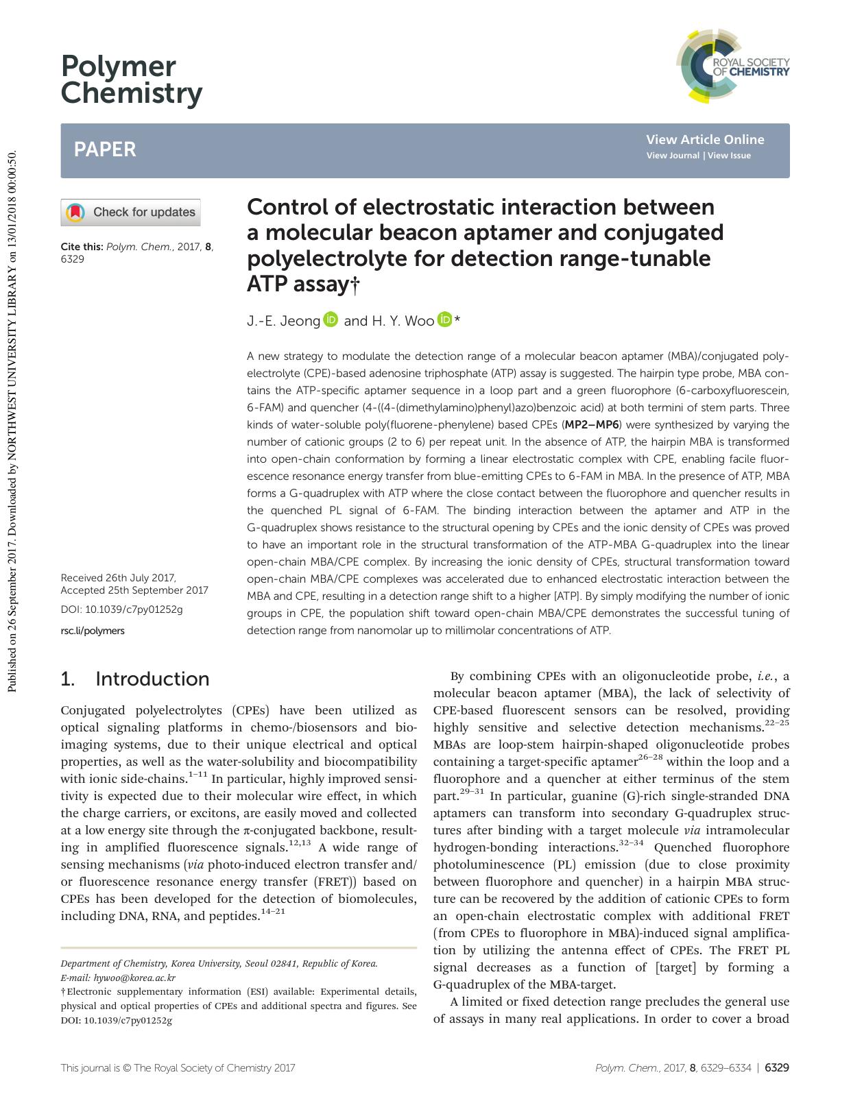 Control of electrostatic interaction between a molecular beacon aptamer and conjugated polyelectrolyte for detection range-tunable ATP assay by J.-E. Jeong H. Y. Woo