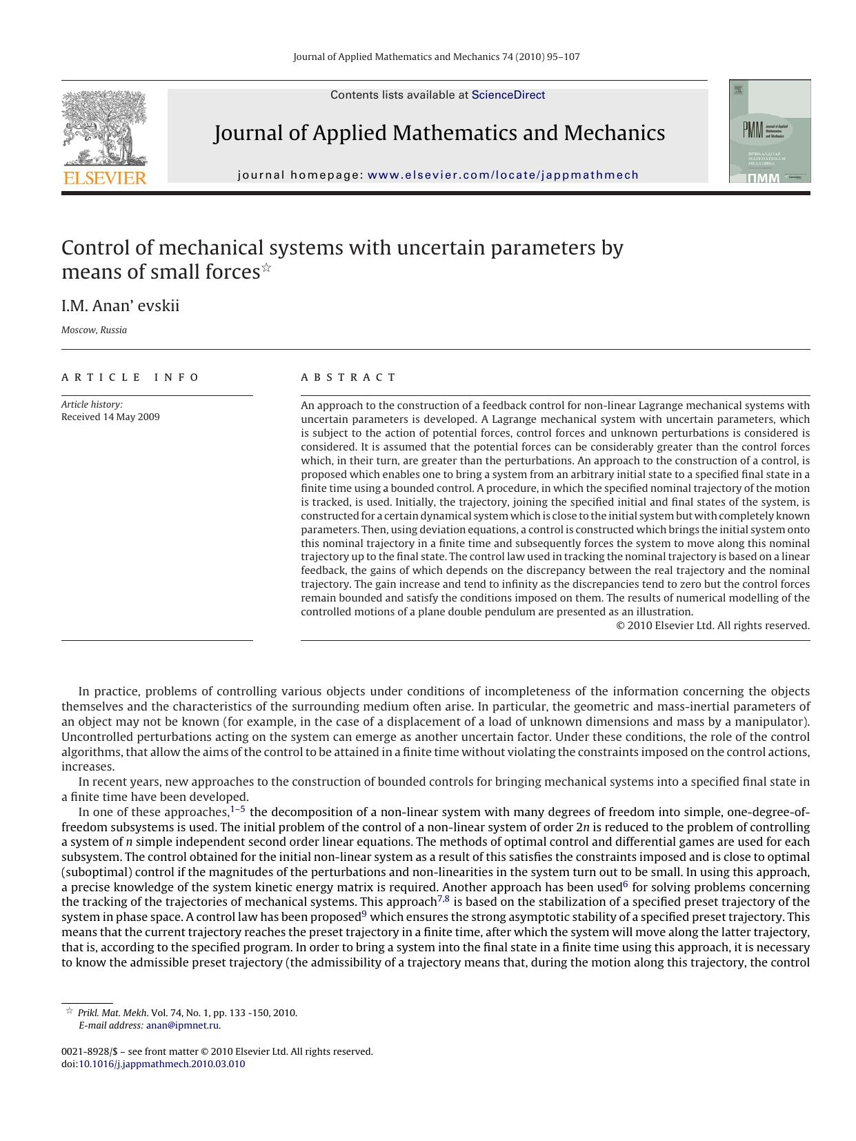 Control of mechanical systems with uncertain parameters by means of small forces by I.M. Ananâ€™ evskii