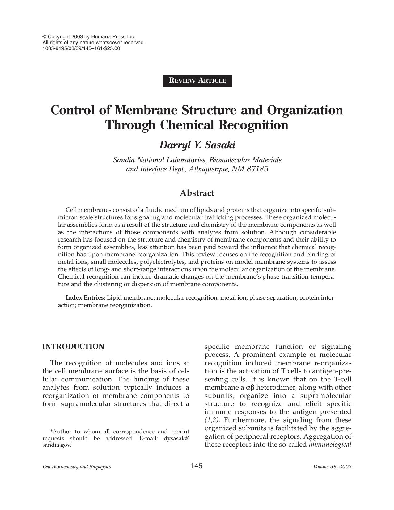 Control of membrane structure and organization through chemical recognition by Unknown