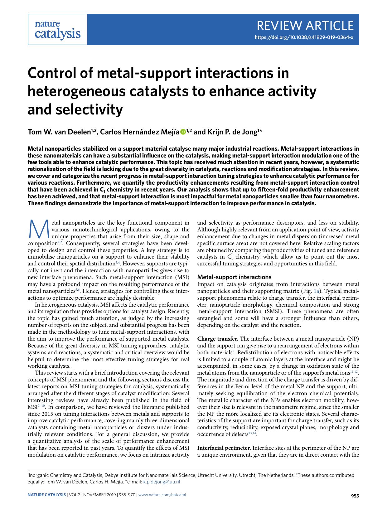 Control of metal-support interactions in heterogeneous catalysts to enhance activity and selectivity by Tom W. Deelen & Carlos Hernández Mejía & Krijn P. Jong