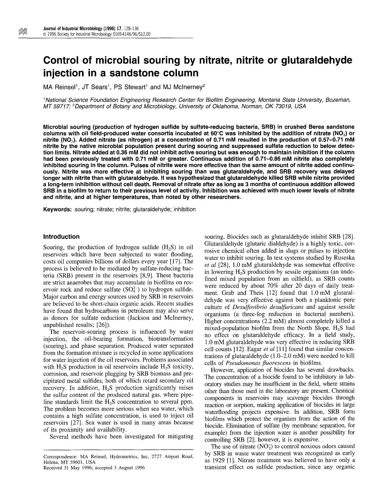 Control of microbial souring by nitrate, nitrite or glutaraldehyde injection in a sandstone column by Unknown