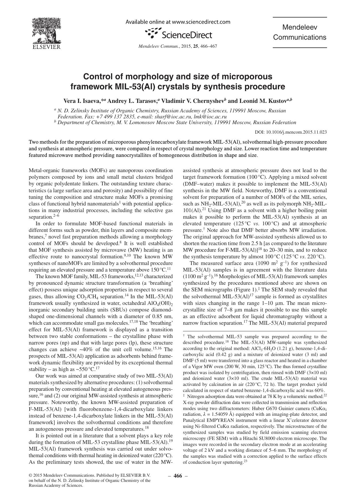Control of morphology and size of microporous framework MIL-53(Al) crystals by synthesis procedure by Vera I. Isaeva & Andrey L. Tarasov & Vladimir V. Chernyshev & Leonid M. Kustov