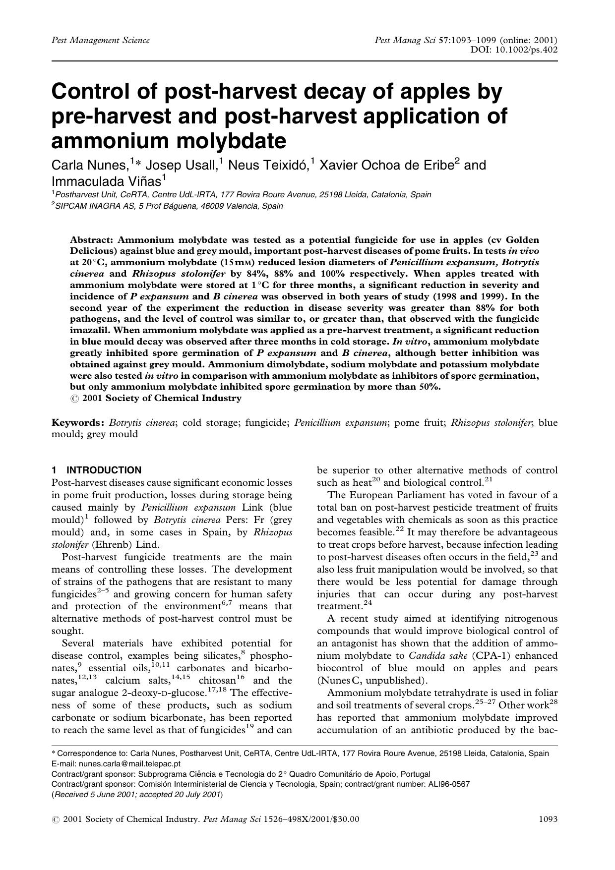 Control of post-harvest decay of apples by pre-harvest and post-harvest application of ammonium molybdate by Unknown