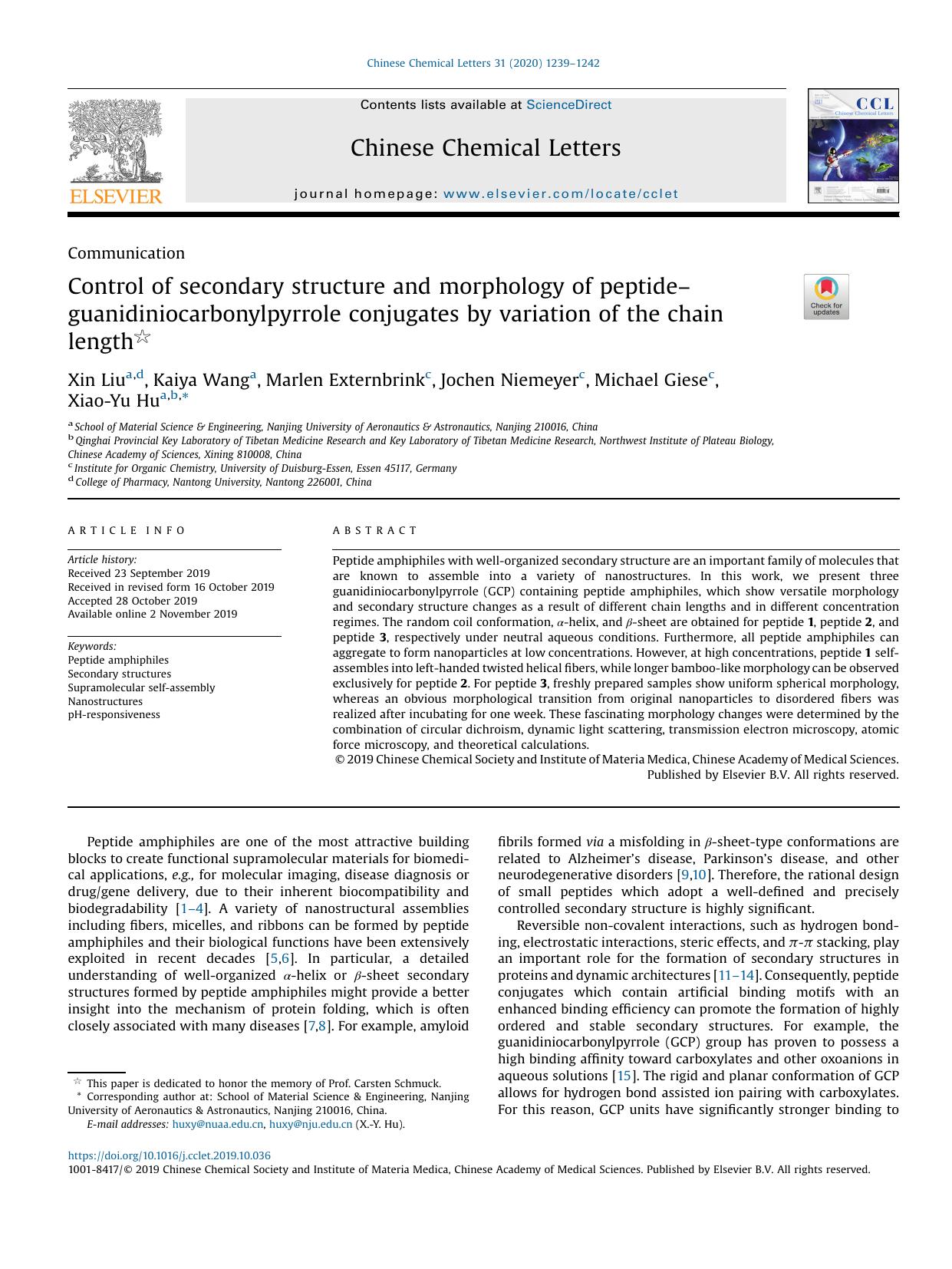 Control of secondary structure and morphology of peptideguanidiniocarbonylpyrrole conjugates by variation of the chain length by Xin Liu & Kaiya Wang & Marlen Externbrink & Jochen Niemeyer & Michael Giese & Xiao-Yu Hu