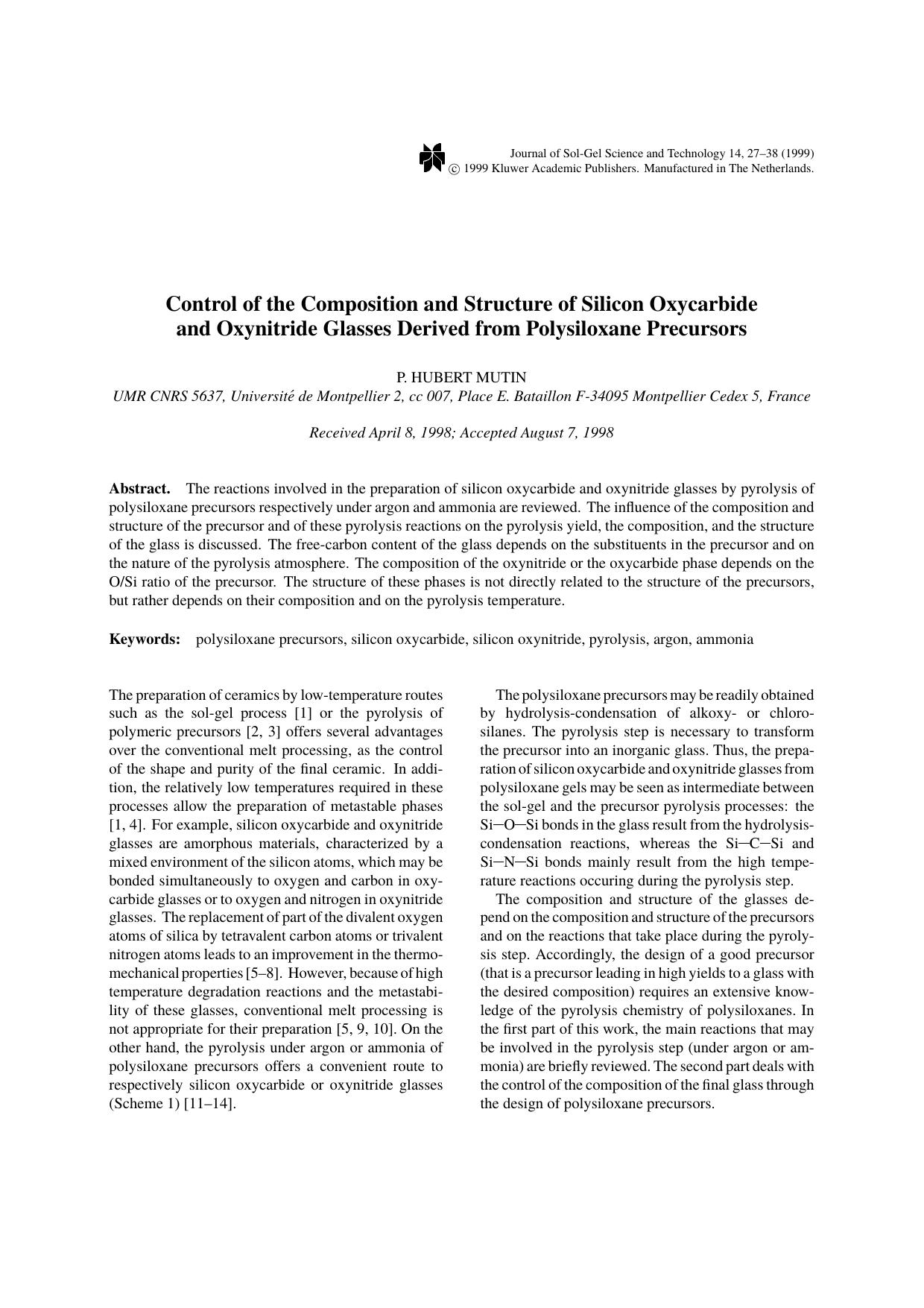 Control of the Composition and Structure of Silicon Oxycarbide and Oxynitride Glasses Derived from Polysiloxane Precursors by Unknown