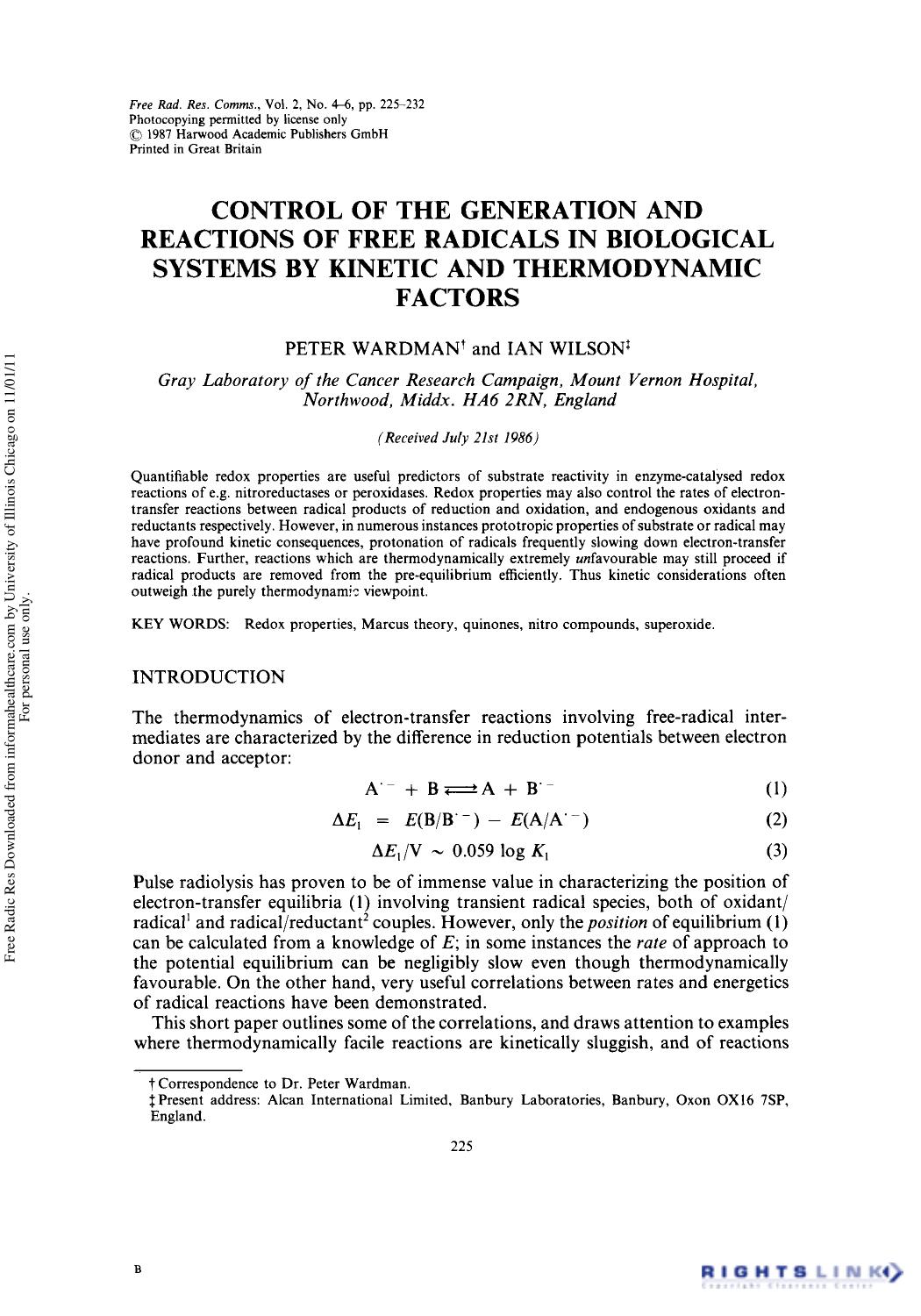 Control of the Generation and Reactions of Free Radicals in Biological Systems by Kinetic and Thermodynamic Factors by Peter Wardman1 & Ian Wilson1 2