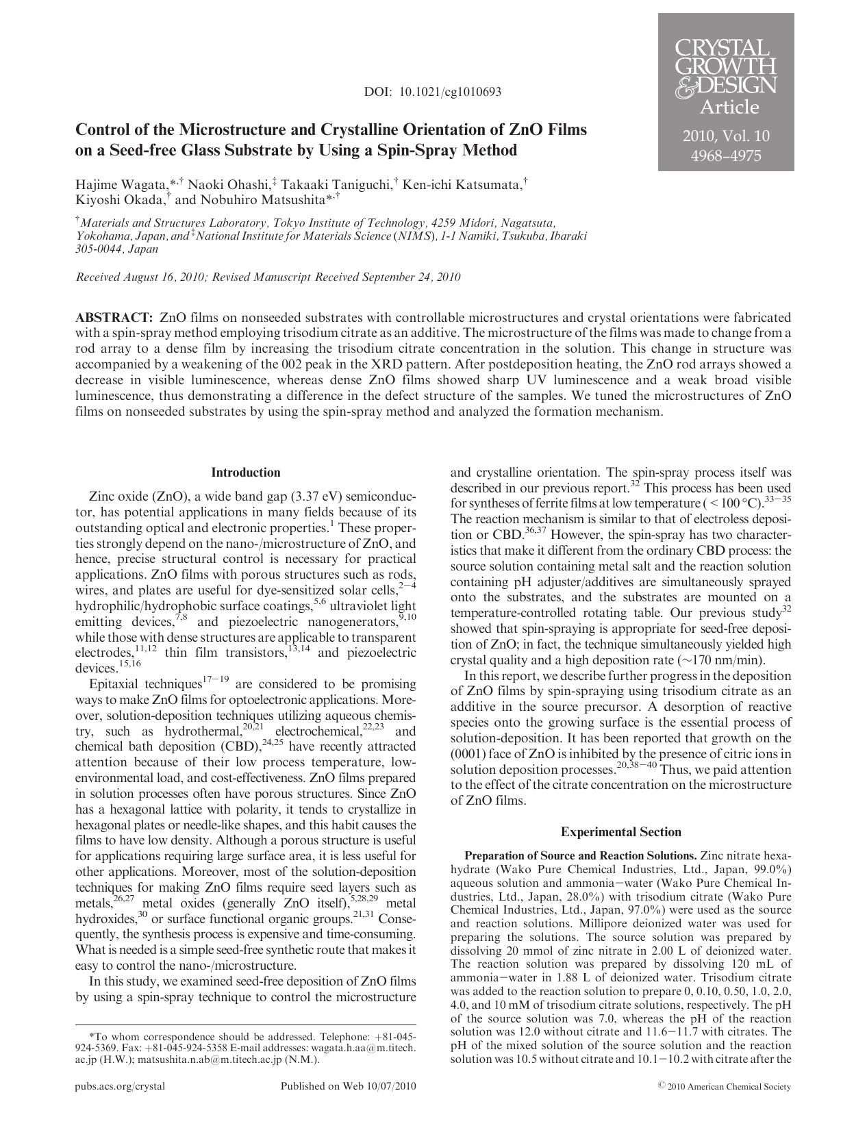 Control of the Microstructure and Crystalline Orientation of ZnO Films on a Seed-free Glass Substrate by Using a Spin-Spray Method by Unknown