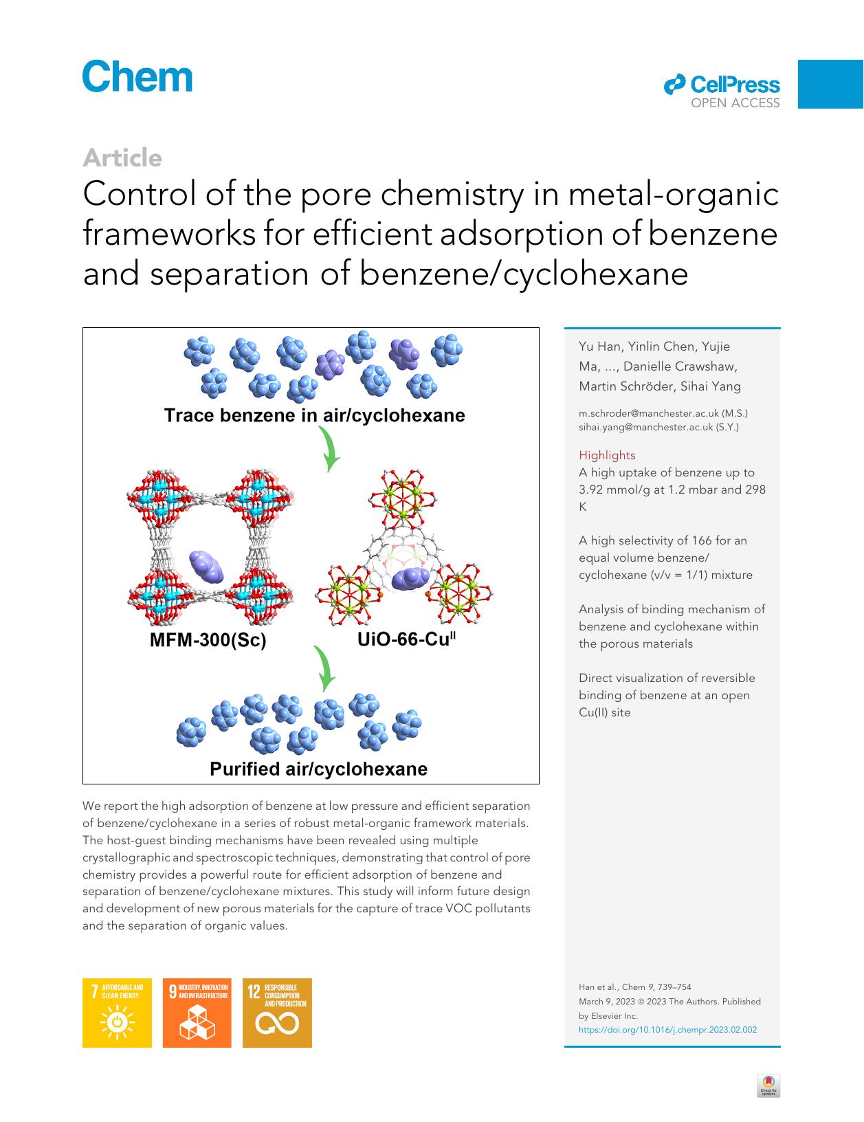 Control of the pore chemistry in metal-organic frameworks for efficient adsorption of benzene and separation of benzenecyclohexane by unknow