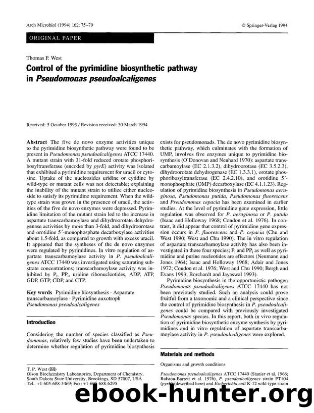 Control of the pyrimidine biosynthetic pathway in <Emphasis Type="Italic">Pseudomonas pseudoalcaligenes<Emphasis> by Unknown