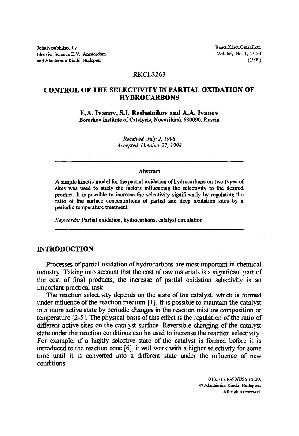 Control of the selectivity in partial oxidation of hydrocarbons by Unknown