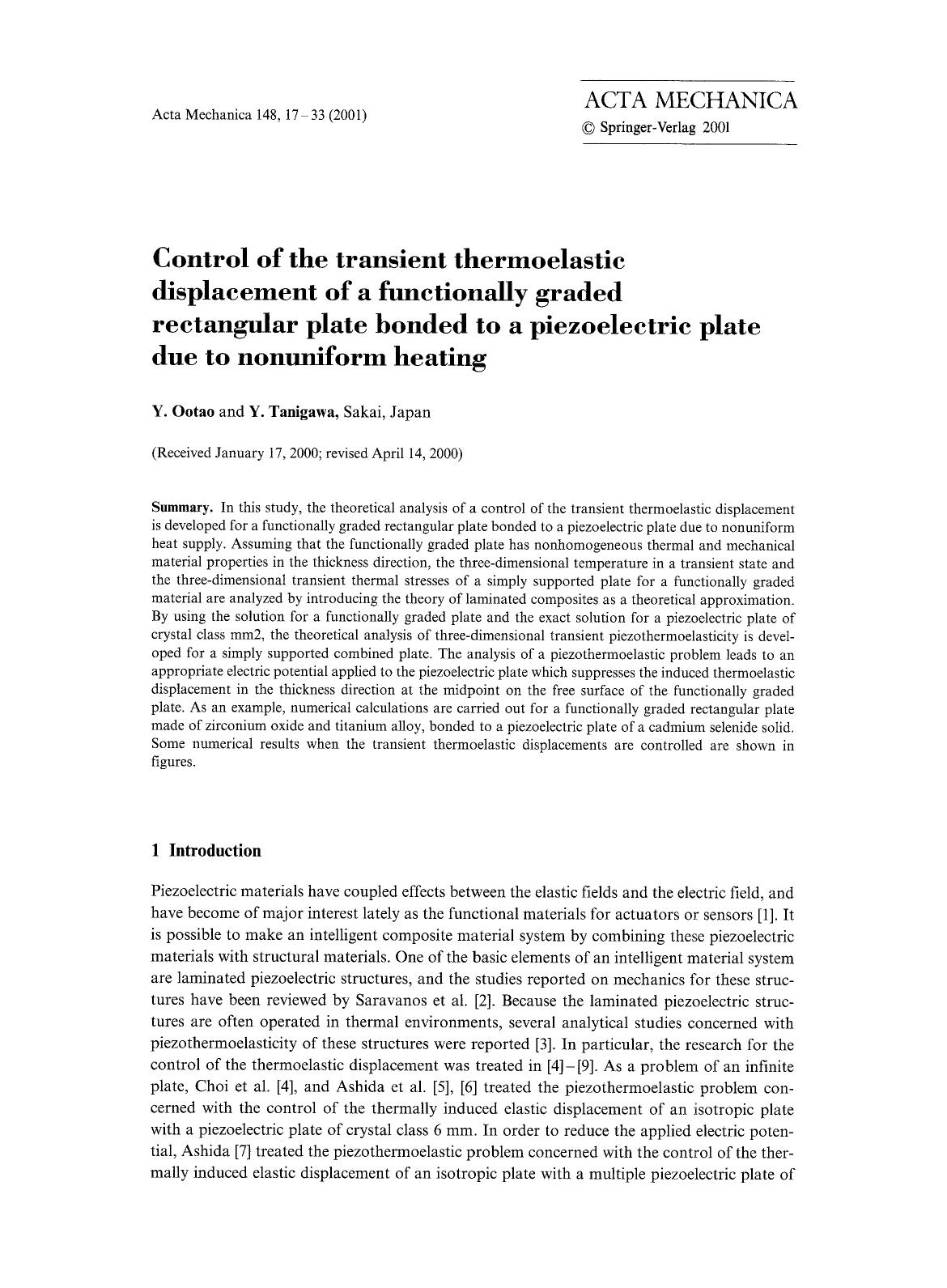 Control of the transient thermoelastic displacement of a functionally graded rectangular plate bonded to a piezoelectric plate due to nonuniform heating by Unknown