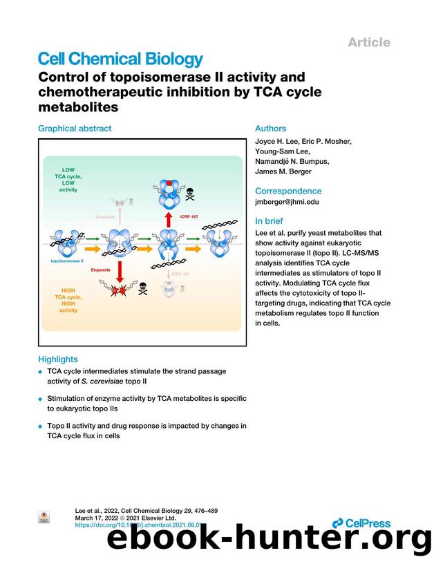 Control of topoisomerase II activity and chemotherapeutic inhibition by TCA cycle metabolites by Joyce H. Lee & Eric P. Mosher & Young-Sam Lee & Namandjé N. Bumpus & James M. Berger