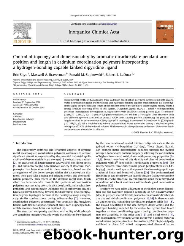 Control of topology and dimensionality by aromatic dicarboxylate pendant arm position and length in cadmium coordination polymers incorporating a hydrogen-bonding capable kinked dipyridine ligand by Eric Shyu; Maxwell A. Braverman; Ronald M. Supkowski; Robert L. LaDuca