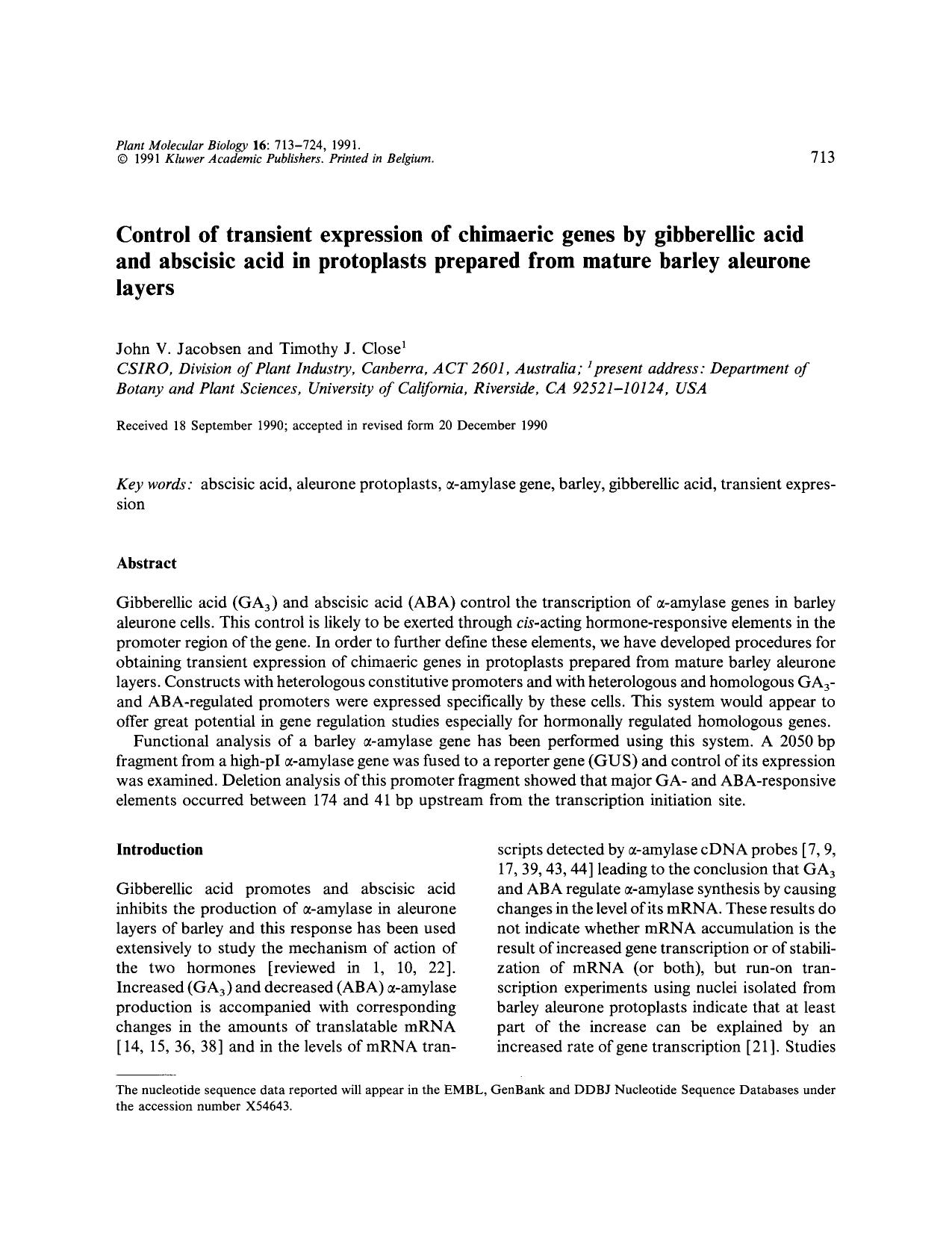 Control of transient expression of chimaeric genes by gibberellic acid and abscisic acid in protoplasts prepared from mature barley aleurone layers by Unknown