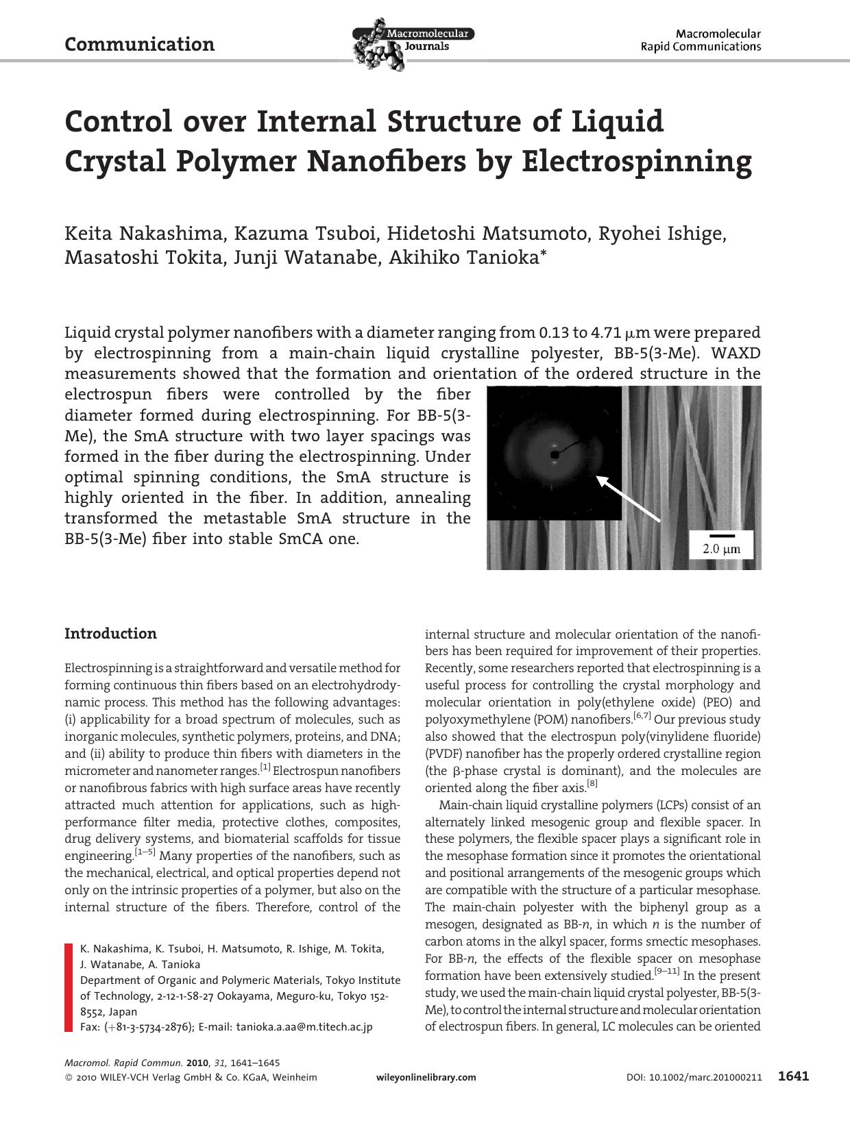 Control over Internal Structure of Liquid Crystal Polymer Nanofibers by Electrospinning by Unknown