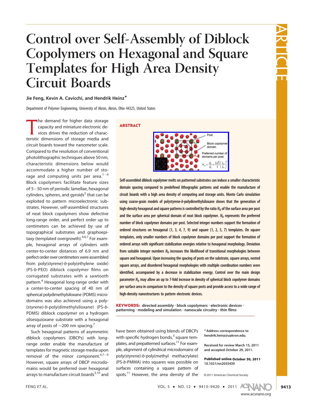 Control over Self-Assembly of Diblock Copolymers on Hexagonal and Square Templates for High Area Density Circuit Boards by Unknown