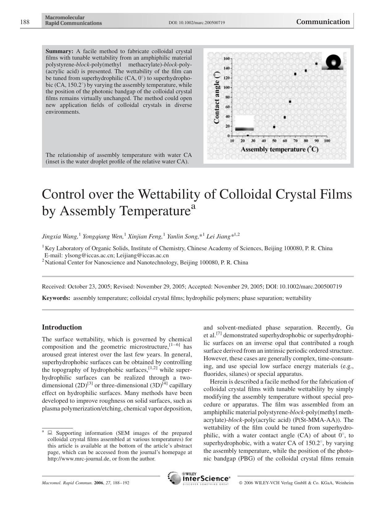 Control over the Wettability of Colloidal Crystal Films by Assembly Temperature by Unknown