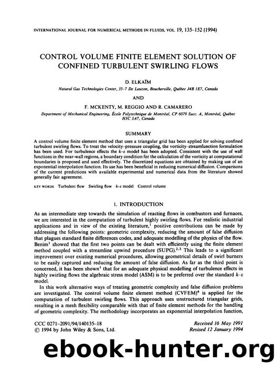 Control volume finite element solution of confined turbulent swirling flows by Unknown