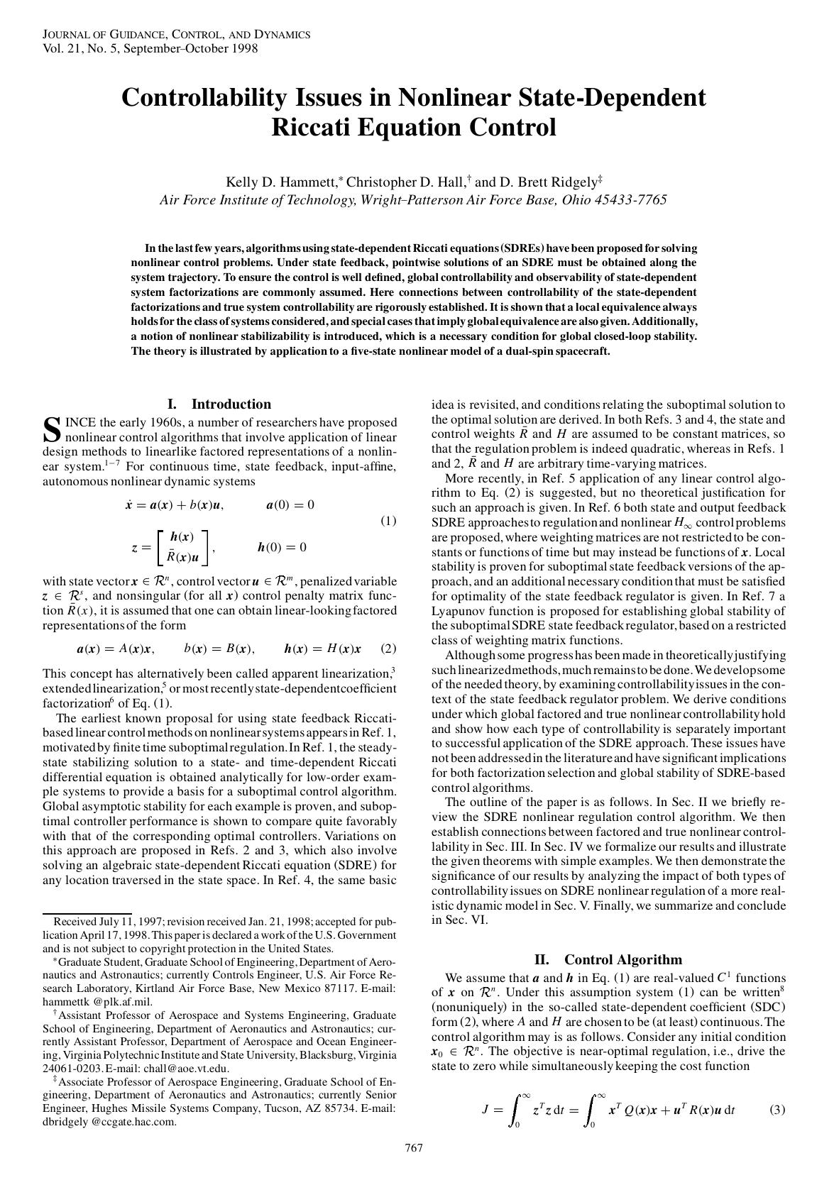 Controllability Issues in Nonlinear State-Dependent Riccati Equation Control by Unknown