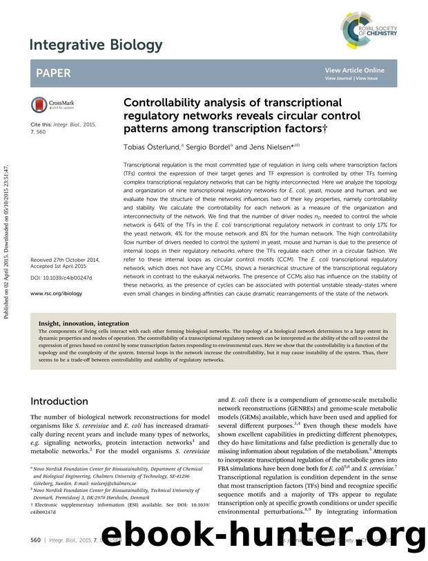 Controllability analysis of transcriptional regulatory networks reveals circular control patterns among transcription factors by Tobias &Österlund & Sergio Bordel & Jens Nielsen