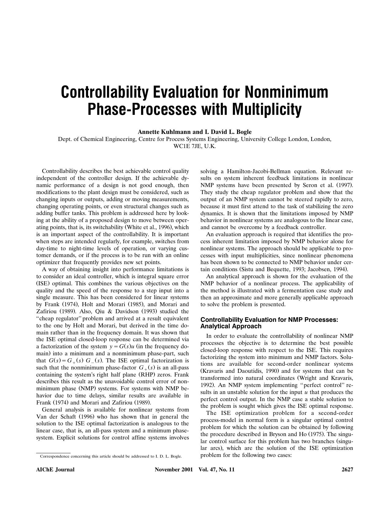 Controllability evaluation for nonminimum phase-processes with multiplicity by Unknown