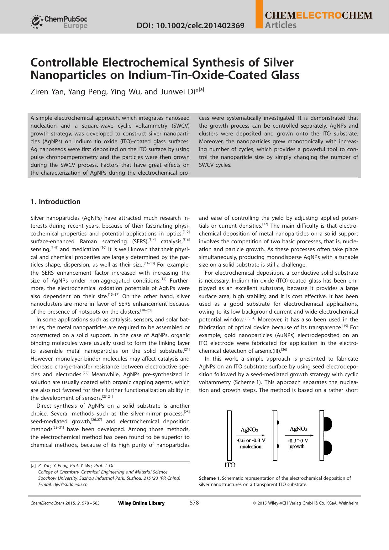Controllable Electrochemical Synthesis of Silver Nanoparticles on IndiumTinOxideCoated Glass by Unknown