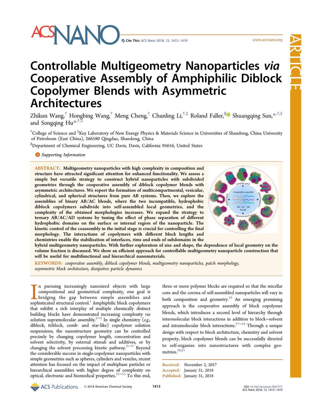 Controllable Multigeometry Nanoparticles via Cooperative Assembly of Amphiphilic Diblock Copolymer Blends with Asymmetric Architectures by Zhikun Wang Hongbing Wang Meng Cheng Chunling Li Roland Faller Shuangqing Sun and Songqing Hu