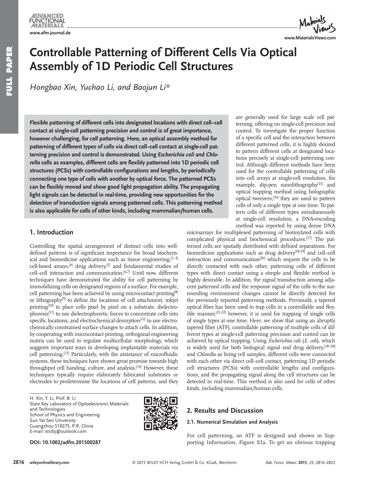 Controllable Patterning of Different Cells Via Optical Assembly of 1D Periodic Cell Structures by Unknown