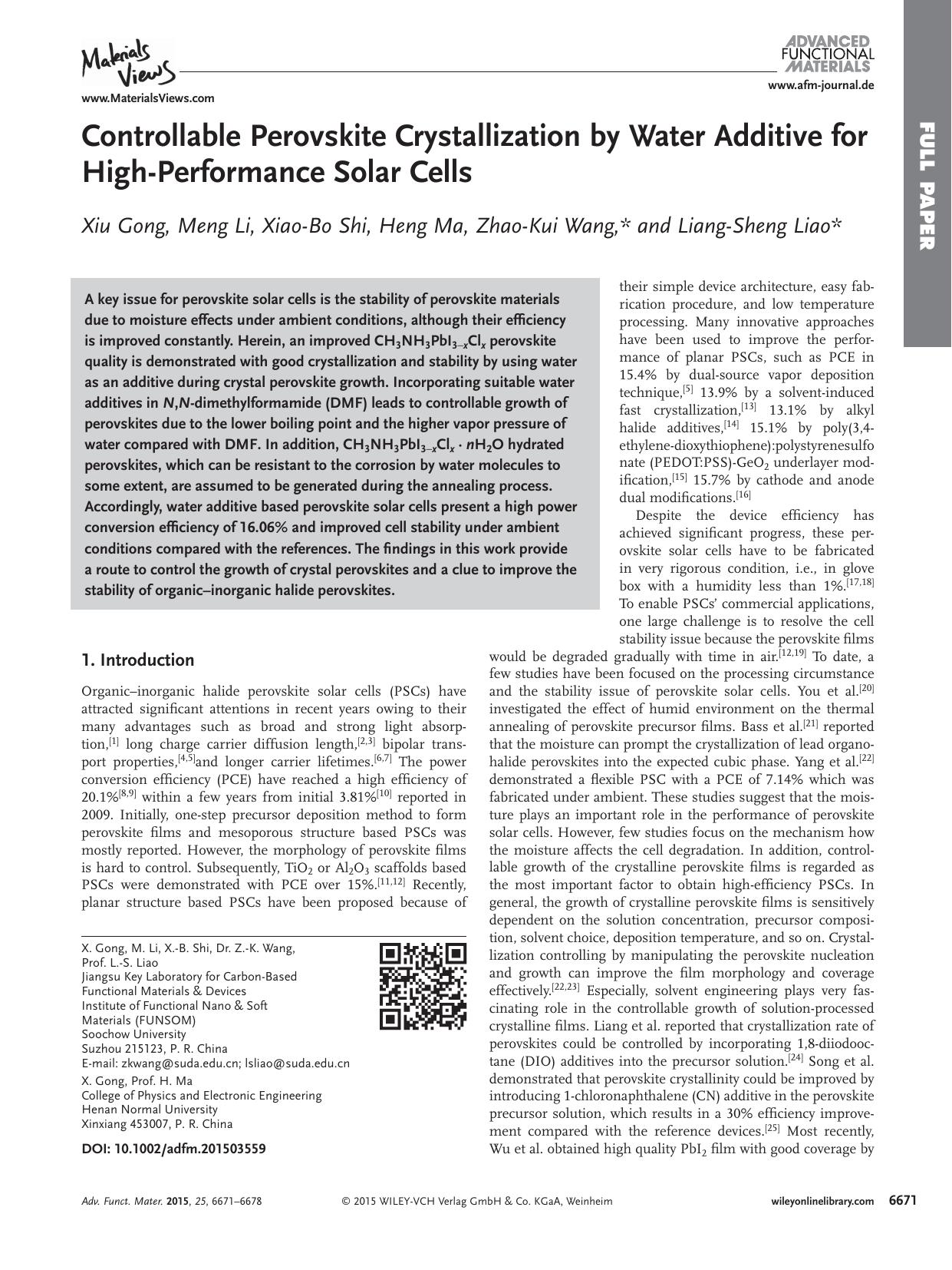 Controllable Perovskite Crystallization by Water Additive for High‐Performance Solar Cells by Unknown