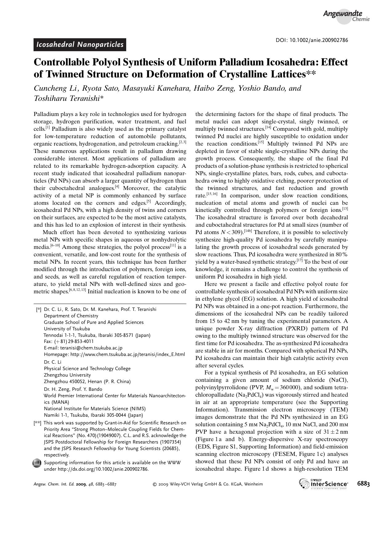 Controllable Polyol Synthesis of Uniform Palladium Icosahedra: Effect of Twinned Structure on Deformation of Crystalline Lattices by Unknown